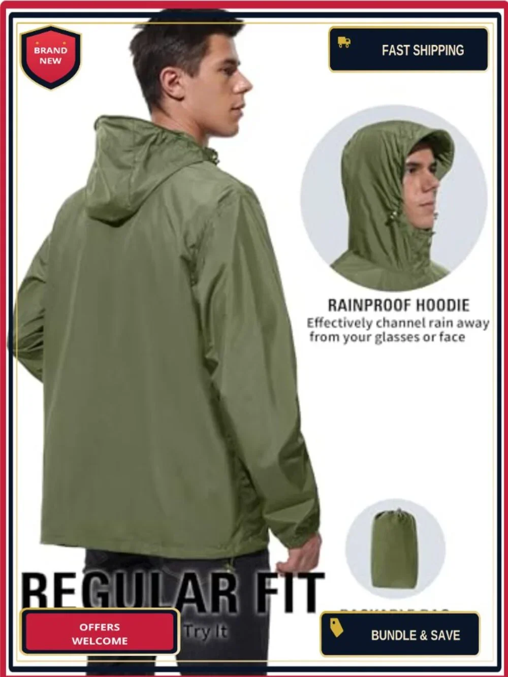 UIQUR Men's Lightweight Packable Waterproof Rain Jacket Windbreaker